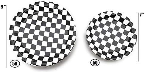 Oojami 100 PC Placas quadriculadas em preto e branco 9 Placas de papel de jantar 7 Placas de papel de sobremesa tema de festa