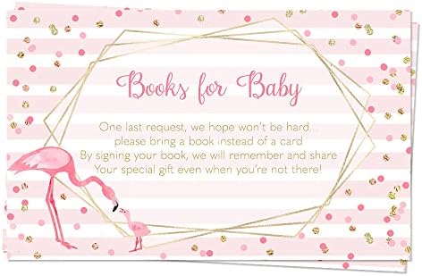 O chá de bebê de convite Lady trazer cartões de livro flamingo rosa ouro brilho menina tropical listras de verão pequenas bibliotecas