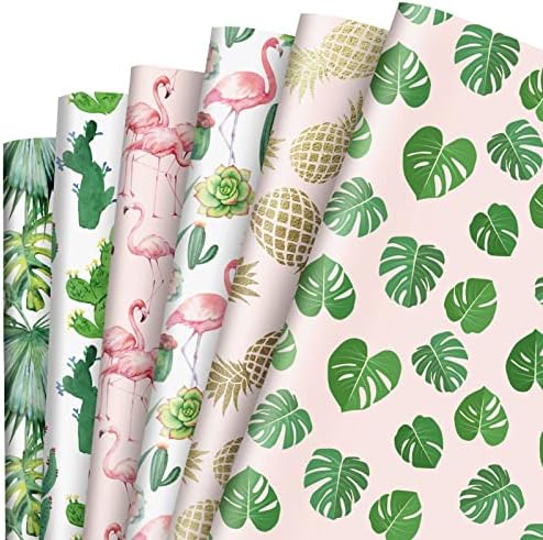 AnyDesign 12 Folha de papel tropical papel embrulho de papel flamingo cacto de abacaxi folhas de palmeira papel embrulhado papel