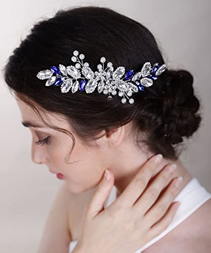 Chargances Blue Crystal Bride Hair Hair pente Pearl Hair Hair Pedaços Blue Rhinestone Acessórios para cabelos Sapphire