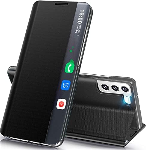 Caixa de telefone Qissy para a caixa Samsung Galaxy S21 5G, espelho de luxo de luxo de visualização clara e inteligente para a caixa Galaxy S21 com Kickstand, Caso de proteção à prova de choques de Couro PC