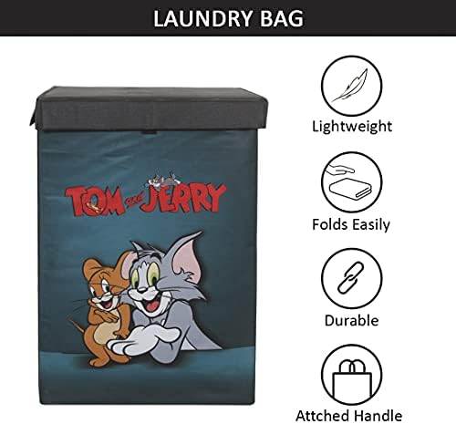 Tom & Jerry dobrando cesta de lavanderia para roupas com tampa e alça, organizador de brinquedos, 75 litros, verde