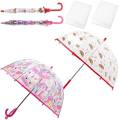 2 Defina o guarda -chuva de crianças e capa de chuva para Rain Unicorn Rainbow Umbrellas Girls Clear Rain Capa Rain