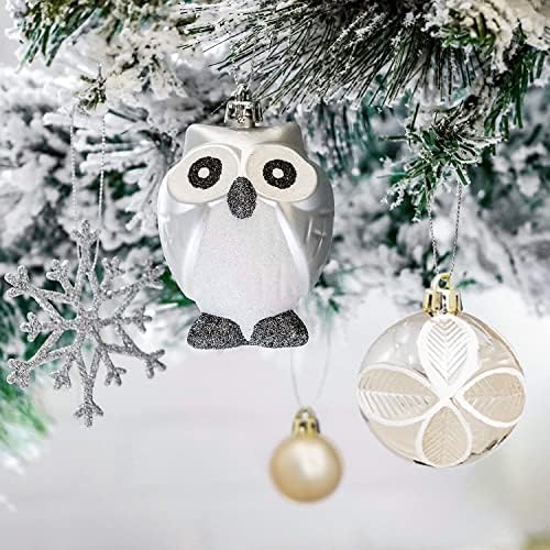 Ornamentos de bola de árvore de Natal Conjunto de ornamentos de tema de coruja-ouro de Natal-ouro com pacote de presentes, enfeites decorativos à prova de quebra de enfeites de pendura