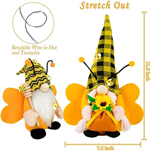 Bumble Bee Gnomos Pluxus, 2pcs Made Honeybee com girassol e asas Scandinavian Tomte elfo ornamentos -Decorações de verão para decoração de bandeja e girassol em camadas de casa e tabela