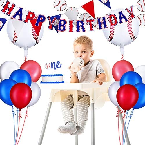 Kit de decoração de festa de aniversário de beisebol, bandeira de feliz aniversário, bandeira de beisebol, bandeiras de triângulo Bunting, um cupcakes de cupcak