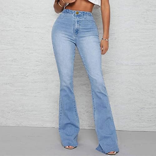 Calça xadrez de jeans femininos de cintura alta de mulheres na cintura alta e elástica e calças ligeiramente alargadas super retas