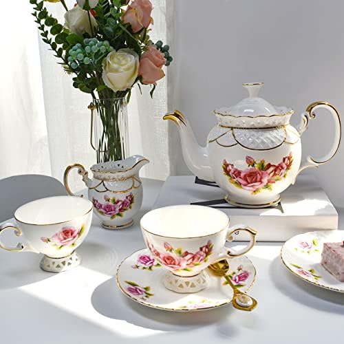 ACMLife Bone China China Conjunto de chá de chá e pires de 21 peças de porcelana xícaras de chá de 6 conjuntos de chá