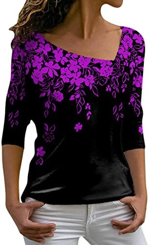 Túdos de túnica de manga longa casual feminina, moda Floral Print T Camisetas