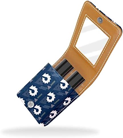 Caixa de batom oryuekan com espelho bolsa de maquiagem portátil fofa, bolsa cosmética, padrão geométrico de arte de origami azul azul marinho