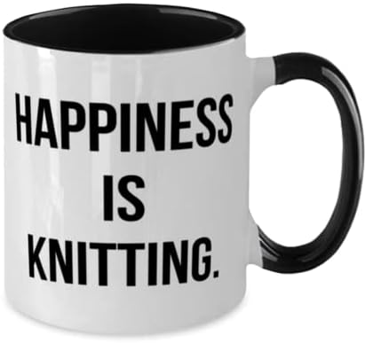 Presentes divertidos de tricô, felicidade é tricô, novo aniversário de dois tons 11 onças de caneca para amigos, agulhas de tricô