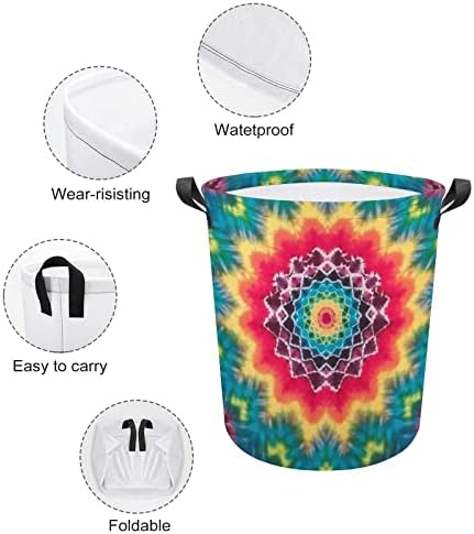 Tie Dye Mandala Rapaz Round Round Canvas Cestas de tecido com alças Bolsa de roupas de lavagem dobrável à prova d'água