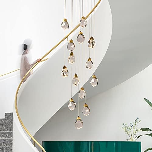 Lustres de cristal de diamante Camastar, luminárias de pingente de cristal modernas diminuídas de 14 luzes, lustres de chuva de prisma de 42W LED PRISM para escada de hall de teto alto, latão