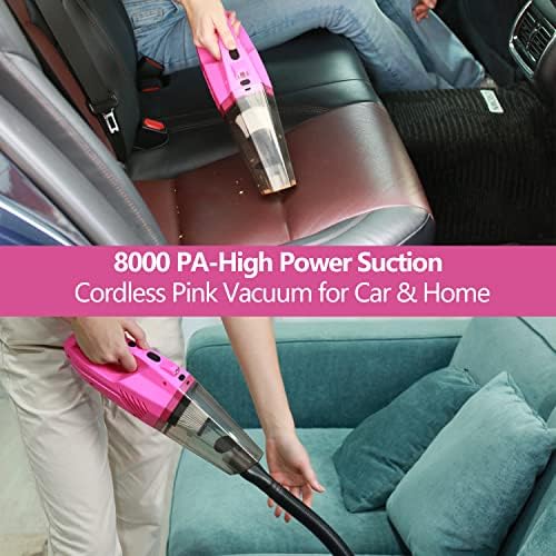 Calbeau Car Vacuum sem fio recarregável com luz LED, pó de pó de sucção de 8000 pa Kit de limpeza de carros de 15pcs, acessórios para carros rosa para mulheres presentes