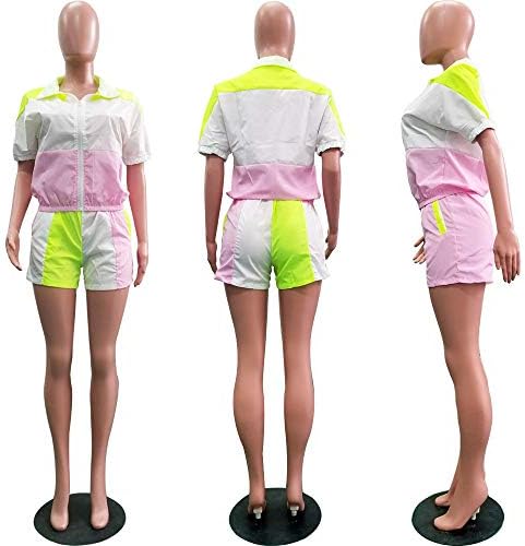 ANGSUTTC Women Color Block 2 Peça Roupa de roupas de vento com capuz de manga longa e conjunto de shorts