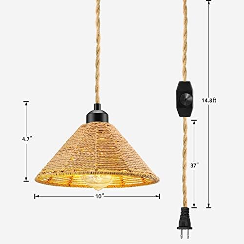 Kewanno plug in pendente luz, luminária pendurada boho com lâmpada e interruptor diminuídos, pingente de fazenda de