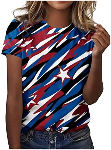 Camisetas de bandeira americana feminina Tom de Independência Camas de manga curta Camiseta de cola curta Camiseta 4 de julho Túnica solta casual