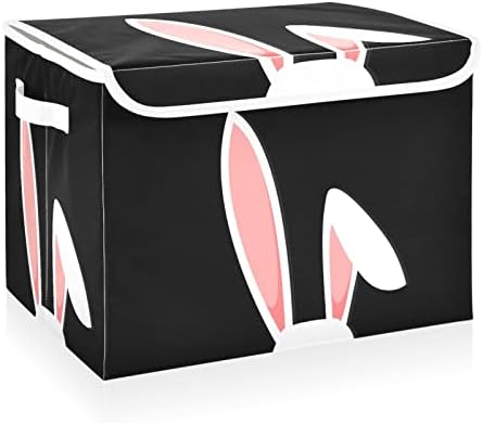 Cataku Bunny Ears Bins pretos de armazenamento com tampas e alças, tecido de cesta de cubos de contêineres de armazenamento grande
