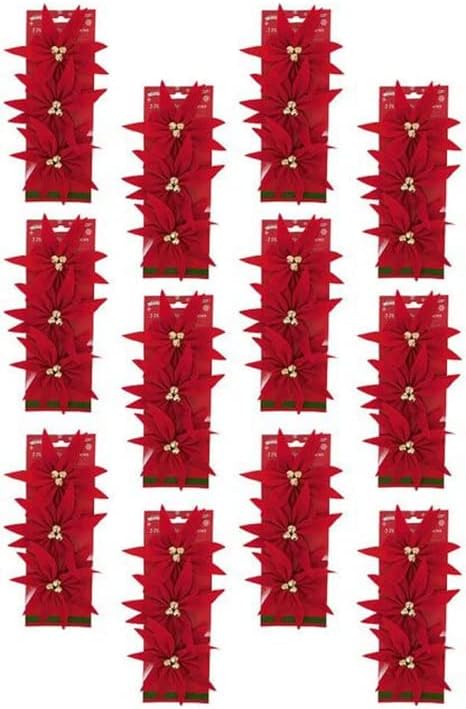 Conjunto de 36 arcos de Natal de férias festivas de Velvet Poinsettia com sinos - Perfeito como ornamentos de árvores -