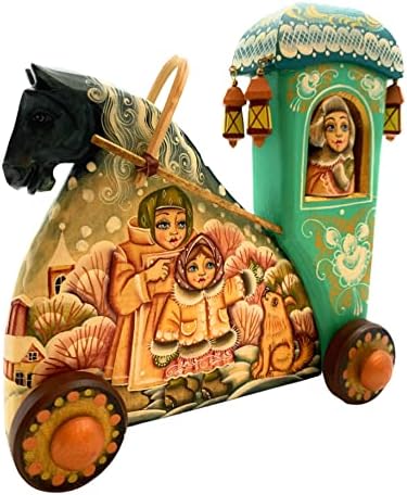 Cavalo de madeira rolante carruagem de ano novo esculpido em madeira e pintado por artesãos russos.