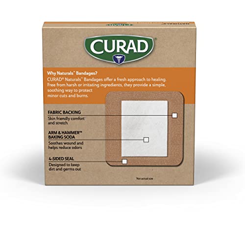 Curad Naturals Arm & Hammer Baking Soda Bandrages 2 X 4, Bandagem estéril embrulhada individualmente, kit de primeiros