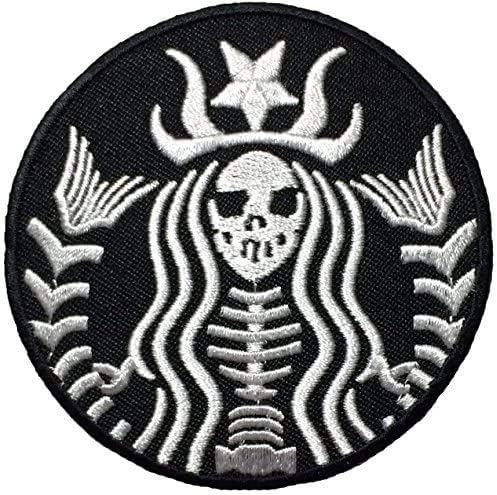 PatchClub Dead Mermaid Zombie Cafe Starbuck Coffee Patch Iron On/Sew On Halloween Skull Skeleleton Bordings Patches - Black