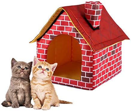 Cama de cachorro de tijolos vermelhos laváveis ​​removíveis, casa de estimação portátil de tijolos com chaminé, canela de chaminé de quarto individual, ninho de tenda de gatinha para gato de cachorro, 39x40.5x44cm, tijolo vermelho