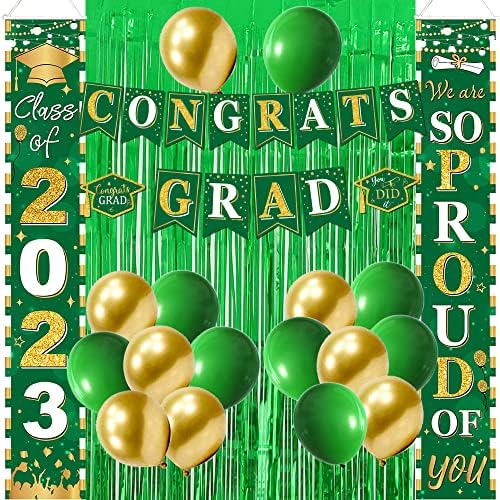 Decorações de festa de formatura 2023 Green e Gold Graduation Porch Sign Class de 2023 e estamos orgulhosos de sua porta Bannner Door Hunging High School e Faculdade de Faculdade de Faculdade Decoração
