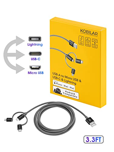 KOBILAR 3 EM 1 CABO USB CABO MULTIMENTO RÁPIDO, 3,3 pés, Apple MFI Certificado, USB A para Lightning/Type-C/micro, cordão