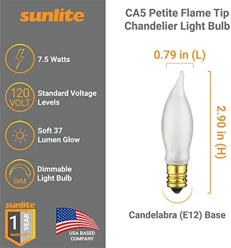 Sunlite 01321 CA5 Lustre de petite lustre CFF Bulbo incandescente, 7,5 watts, 37 lúmens, 120 volts, diminuição, base de candelabros e12, fosco, ponta de chama, 2600k branco quente, 1 pacote