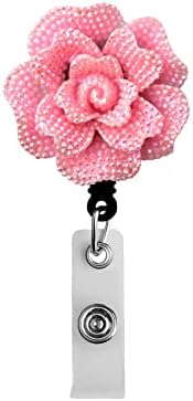 Reel de crachá de enfermagem de rosa brilhante - suporte de identificação retrátil da flor com clipe de jacaré rotativo para