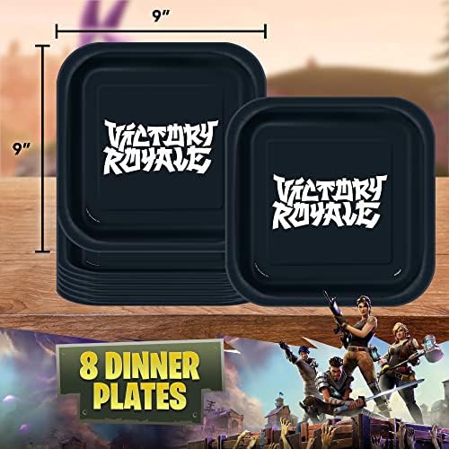 Pacote exclusivo de festas de jantar de Fortnite - Capa de mesa, jantar preto quadrado e pratos de sobremesa, guardana