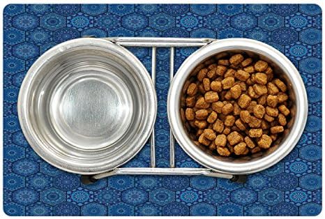 Tapete de estimação azul escuro lunarável para comida e água, padrão hexagonal de favo de mel bohemian rico mandala motivos marroquinos, retângulo retângulo de borracha não deslizante para cães e gatos, azul azul escuro aqua