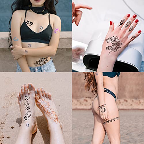 Churlchurl 229pcs henna tatuagens de tatuagem, 19 folhas de estênceis de tatuagem temporária para mulheres garotas