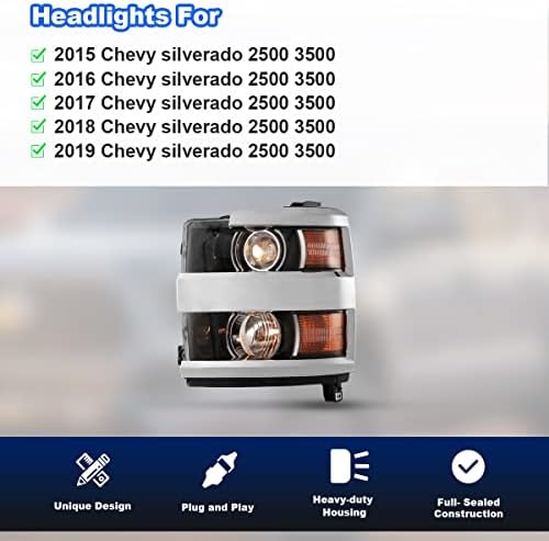 Montagem do farol Roxx para 2015-2019 Chevy Silverado 2500 3500 [apenas lado esquerdo], farol de projetor de estilo de fábrica com alto feixe baixo, sinais de giro, refletor de âmbar, moldura cromada, apenas lado do motorista