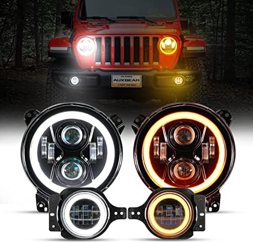 Faróis de LED de 9 polegadas Auxbeam + luzes de nevoeiro de LED de 4 polegadas com luz de giro Halo DRL Luz baixa de feixe alto para Jeep JL 2018 2019 2020 2021 2022, 4 pcs