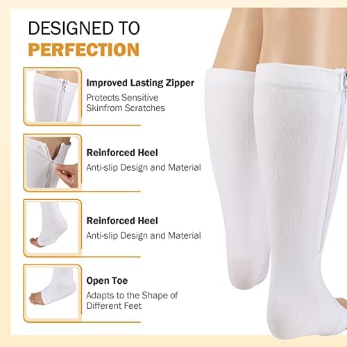 Mulheres homens de compressão de zíper mais zíper para as meias de compressão do dedo do pé para mulheres 15-20 mmhg plus size meias de pressão fáceis de colocar meias de apoio para enfermeiros, branco