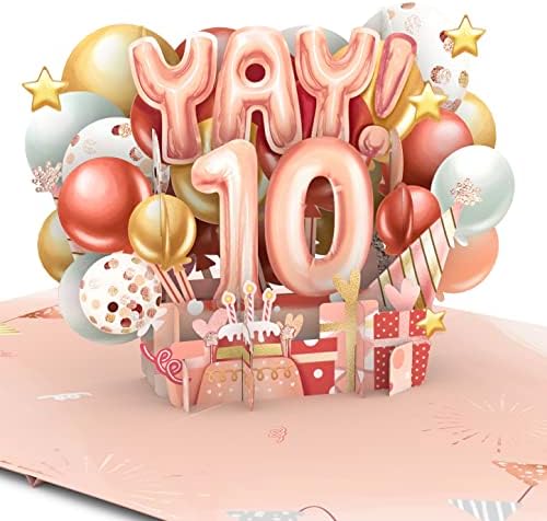 Liif Feliz 10º cartão de aniversário, cartão de aniversário de 10 anos, cartão de aniversário pop -up 3D, para menina, neta, rosa, balões | Com nota de mensagem e envelope | Tamanho 7 x 5 polegadas