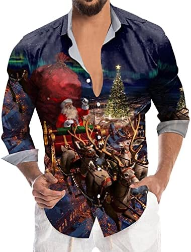 XXBR Christmas Casual Button Down Camisetas Para homens de colarinho comprido colarinho Novelty tops Xmas Snowflake Print Camise