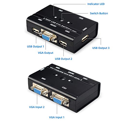 VGA USB KVM Switch, 2 PORT VGA KVM Switcher Seletor com cabos para compartilhamento 2pc 1 monitor de vídeo e 3 dispositivos USB