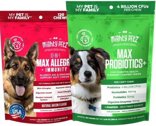 Mighty Petz Max Dog Allergy Relief e Mighty Petz Max 5 em 1 Probióticos para cães bolsa