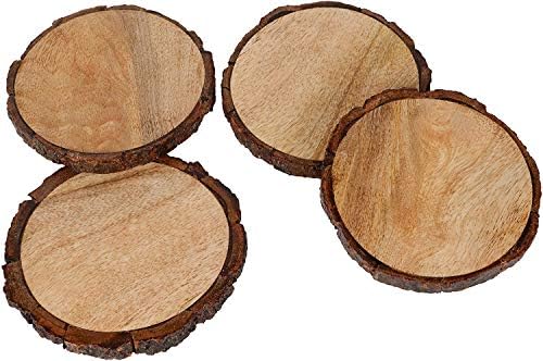 Coasters de madeira naturais com casca de árvore | Coasters de madeira de manga para suas bebidas, bebidas e vinhos/bares de bar