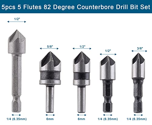 Aracombie 5pcs 5 flautas de 82 graus de perfuração de broca de perfuração para metal, de alta velocidade de aço de metalworking contraste de água em chanfro.