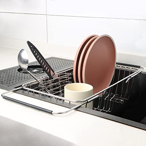 BTLATHA Sink Drening Rack, expansível 304 Organizador de rack de secagem de pratos de aço inoxidável com rack de utensílios de