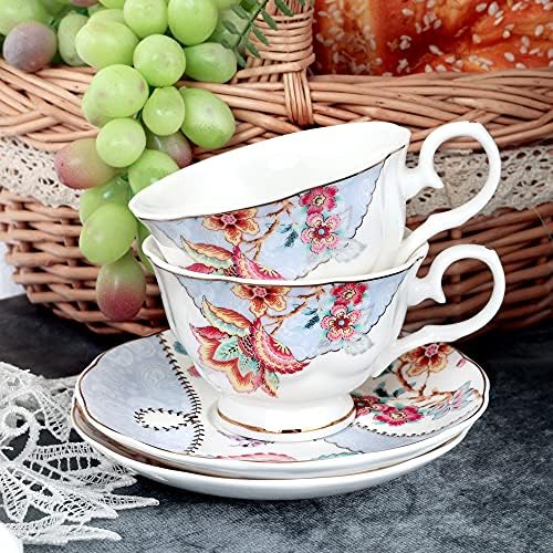 Conjunto de xícaras de café floral fanquare de 6, copos de porcelana cappuccino com pires, xícara de chá para festa de casamento de aniversário, roxo