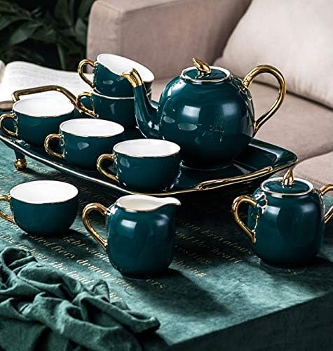 Conjunto de chá de café de cerâmica Desenho nórdico Gold Green Coffee Cup Copo Milk Jug Sugar Bowl Bandeja Conjunto de chá da tarde para casa