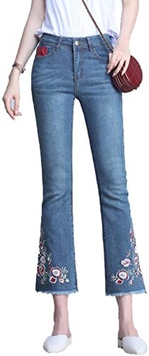 Maiyifu-gj feminino floral bordado skinny flare jeans jeans alta cintura sino calça jeans de jeans lavados destruídos