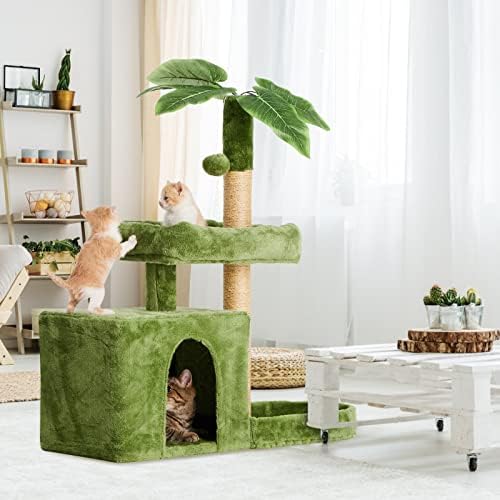 Tscomon 31,5 Torre de gatos de gatos para gatos internos com folhas verdes, condomínio de gato aconchegante casa de gato com bola