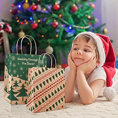 24 sacolas de presente de Natal, sacolas de presente Kraft de Natal com alça, sacos de papel de tratamento de natal reutilizáveis,