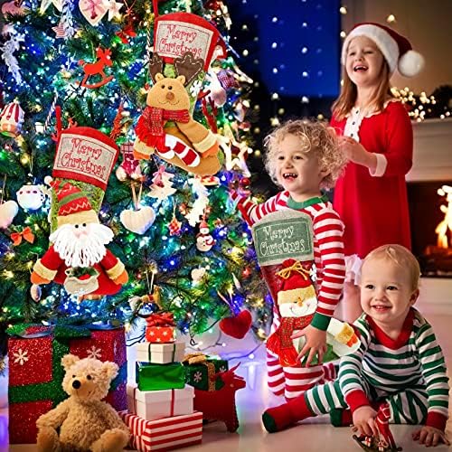 QPOUT Conjunto de estoque de natal de 3, Red e Green personalizados meias de Natal Ornamento de Natal Decoração de Natal Grande Saco de Presente para Decorações de Árvores de Natal